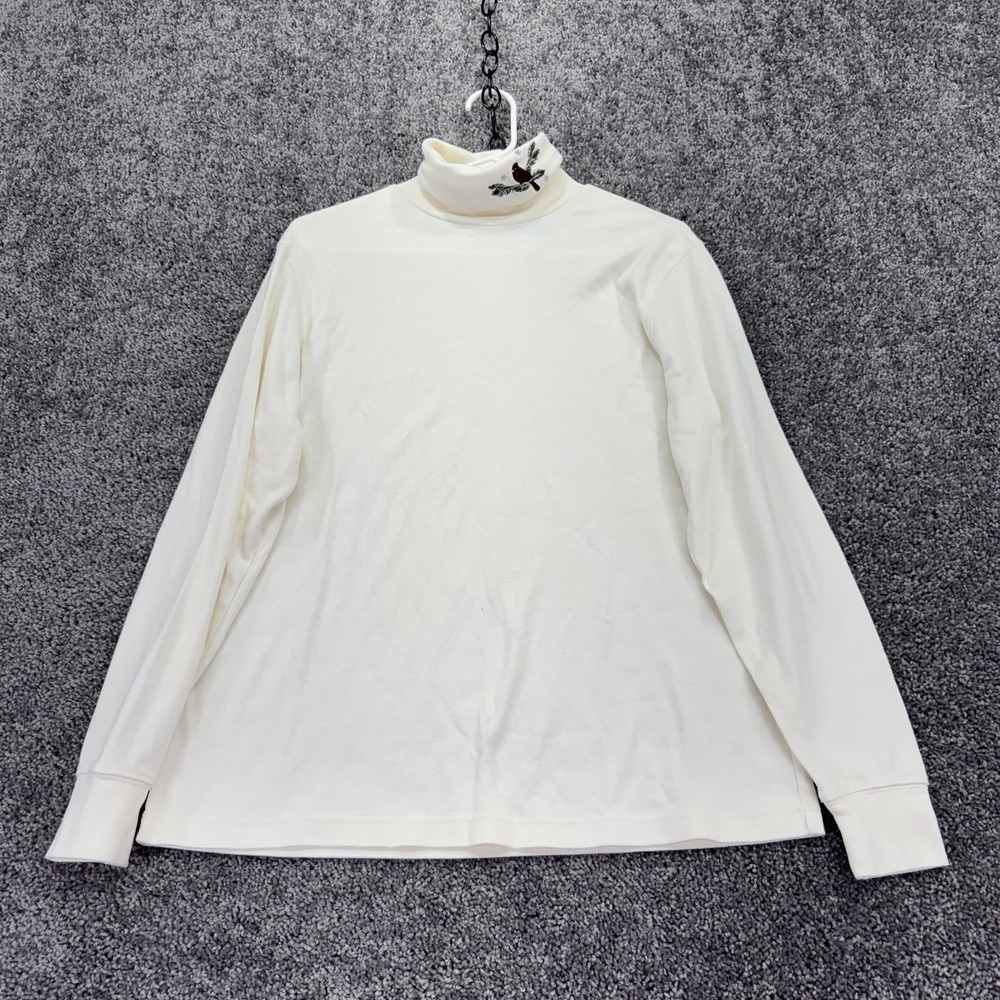 Croft & Barrow Shirt Womens Large White Turtleneck Cardinal Embroidered Winter